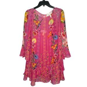 Saloni Marissa 100% Silk Pink Girly Floral Tiered Ruffle Fun Mini Dress Size 6